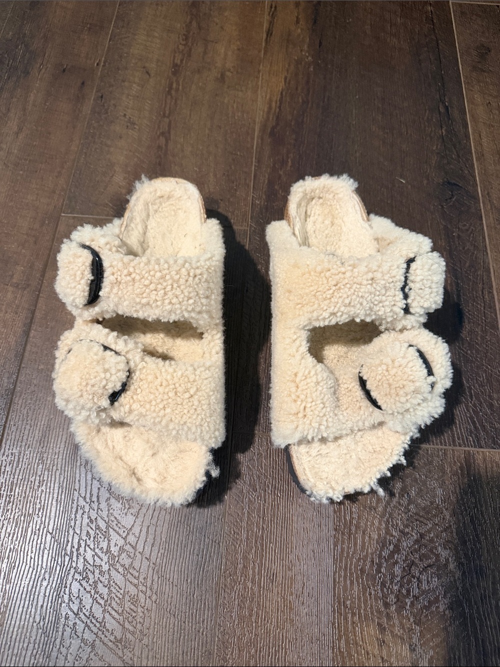 Birkenstock Cream Sherpa Double-Strap Slide Sandals
